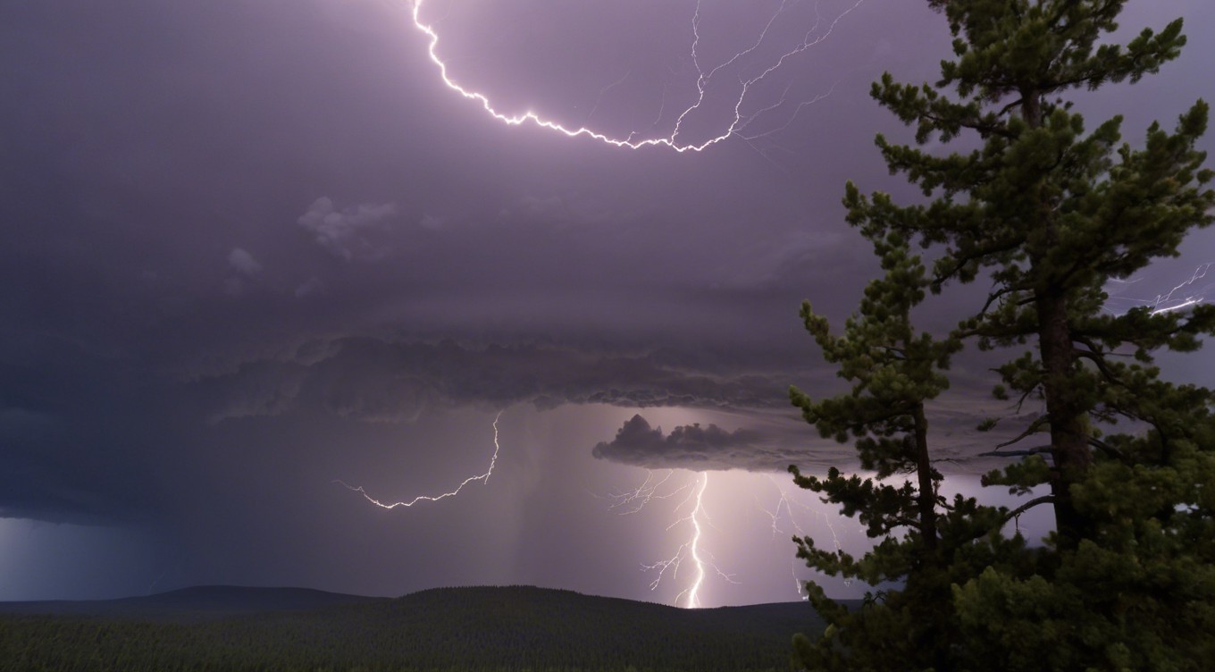 Dramatic Storm Scene with Lightning and Pine Tree