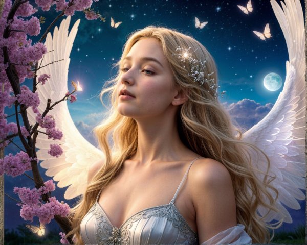Serene figure with angelic wings and cherry blossoms