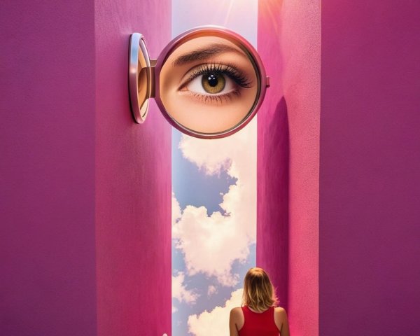 Woman on stairs in pink corridor with surreal eye