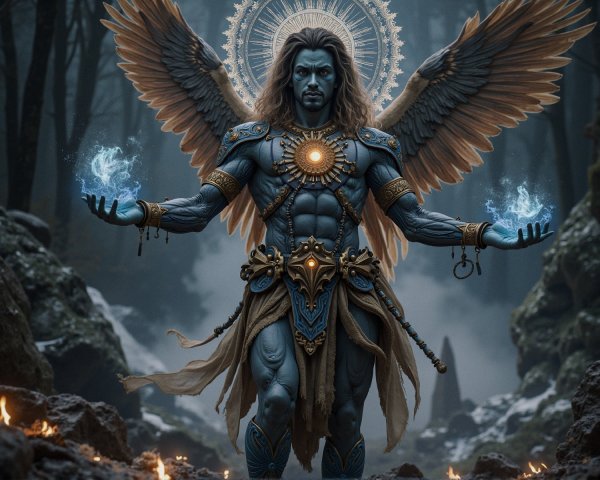 Majestic Winged Figure in Misty Forest Setting