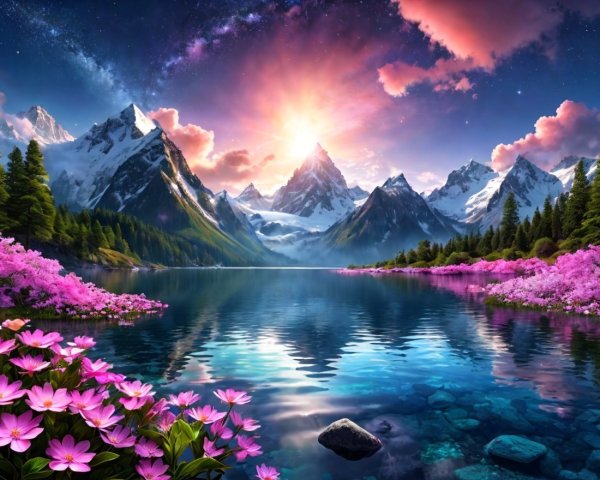 Snow-Capped Mountains and Vibrant Sunset Landscape