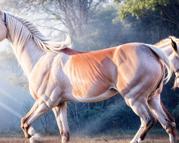 Horses Walking in a Misty Landscape with Sunlight