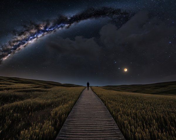 Solitary Figure on Pathway Under Starry Night Sky