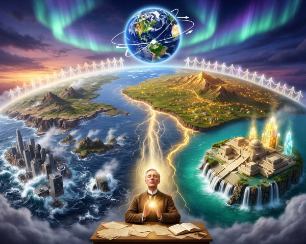 Panoramic shot of a man in a brown suit with light orb