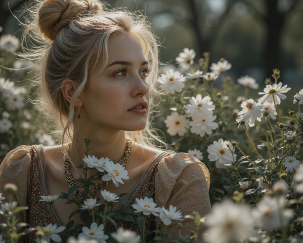 Young woman in vintage dress among white flowers