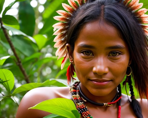 Indigenous Woman in Nature with Traditional Adornments