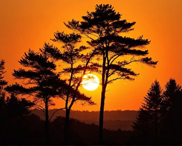 Sunset Silhouette with Pine Trees and Vibrant Sky