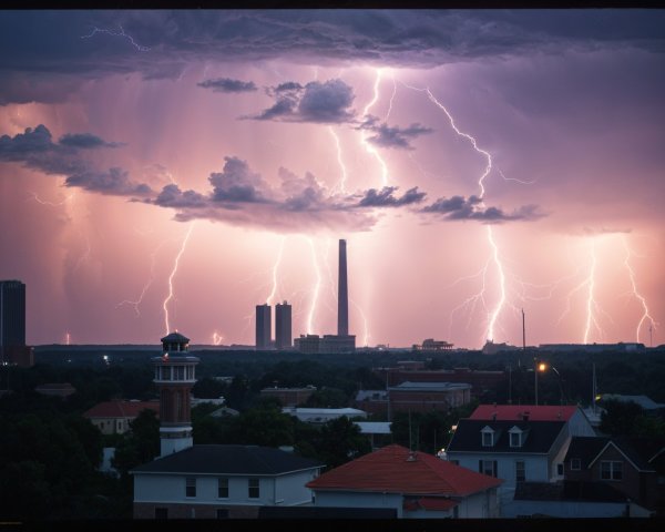 Dramatic Storm Scene with City Skyline and Lightning