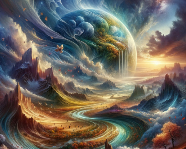 Vivid Cosmic Landscape with Mountains and Waterfalls