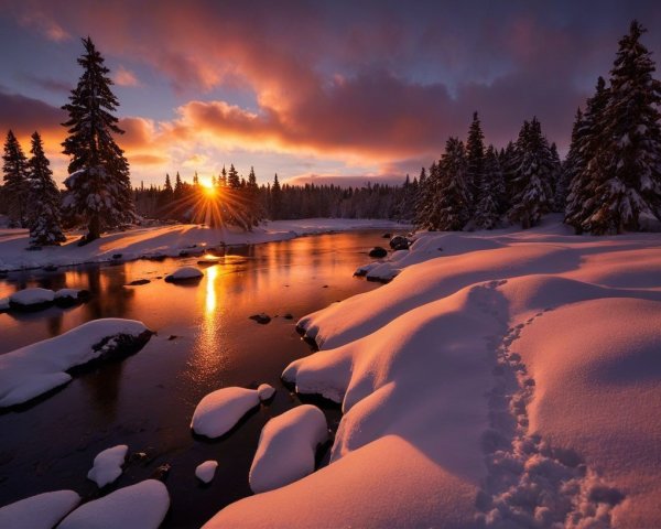 Serene Winter Landscape with Sunset Reflections