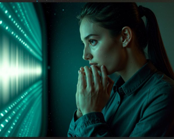 Contemplative Woman in Front of Futuristic Display