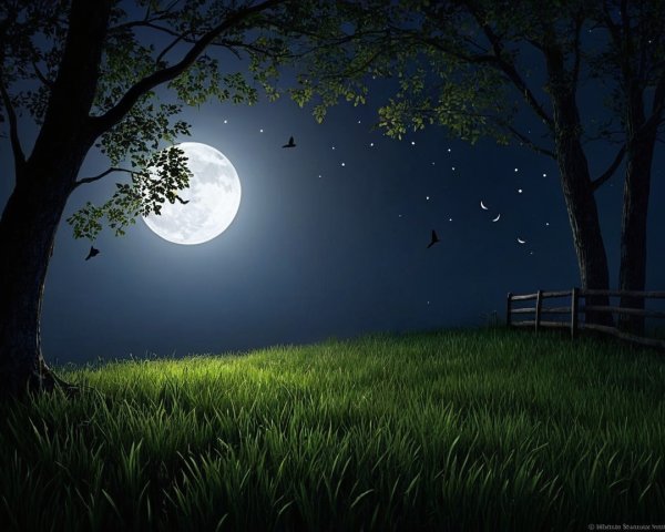Bright Full Moon Over a Grassy Meadow at Night