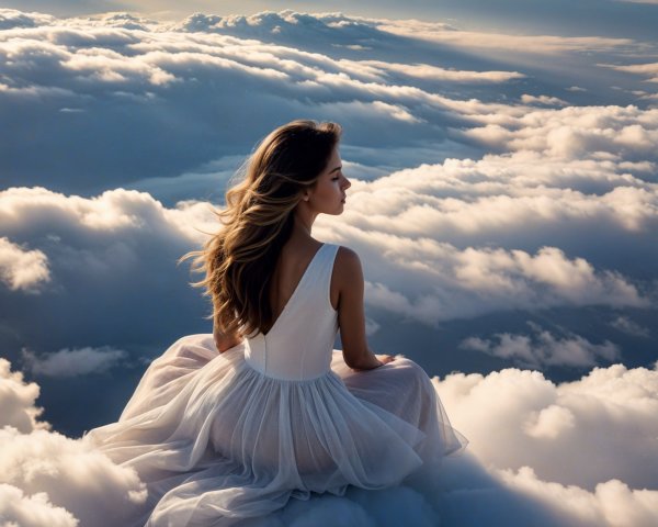 Serene figure on clouds with flowing dress and sunlight