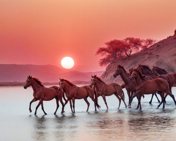 Horses Wading Through Water at Sunset Scene