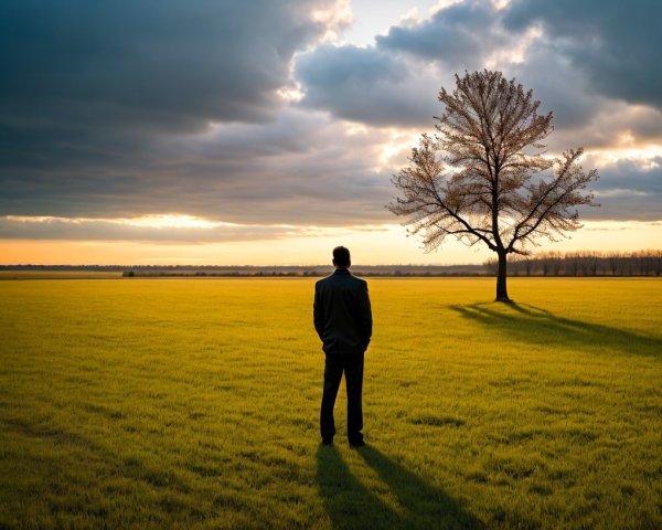 Solitary Figure in Golden-Green Field at Sunset