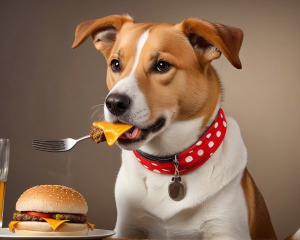 Playful Dog with Fork and Hamburger at Table