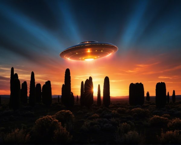 UFO Over Desert at Sunset with Cacti Silhouettes