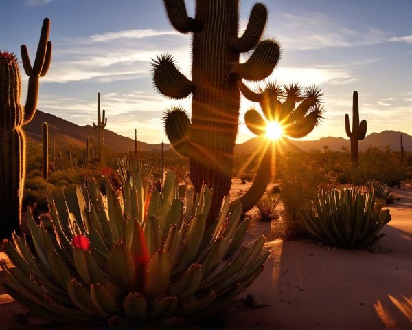 Desert Landscape with Cacti at Vibrant Sunset