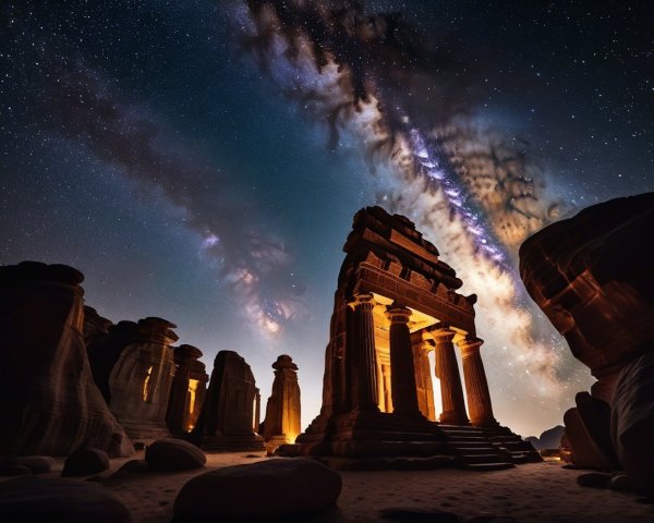 Milky Way Over Ancient Ruins and Stone Pillars
