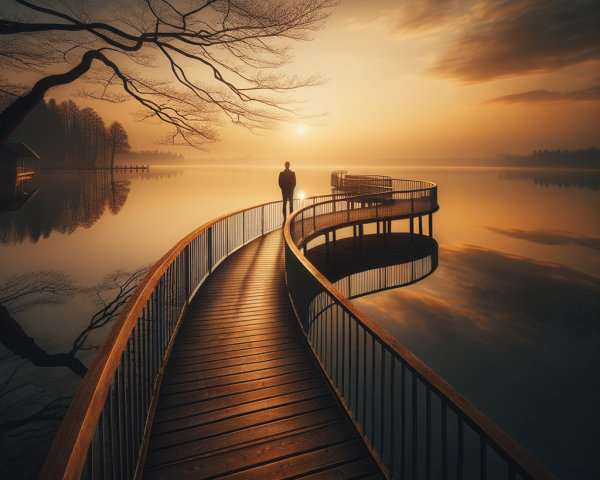 Wooden Walkway Over Still Waters at Sunrise