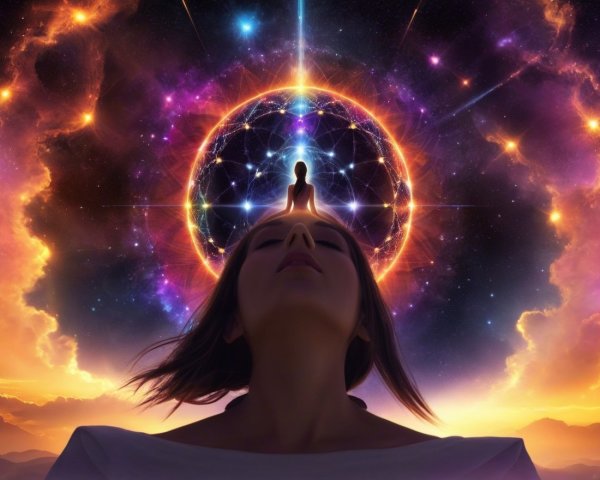 Serene Woman Surrounded by Cosmic Light and Energy