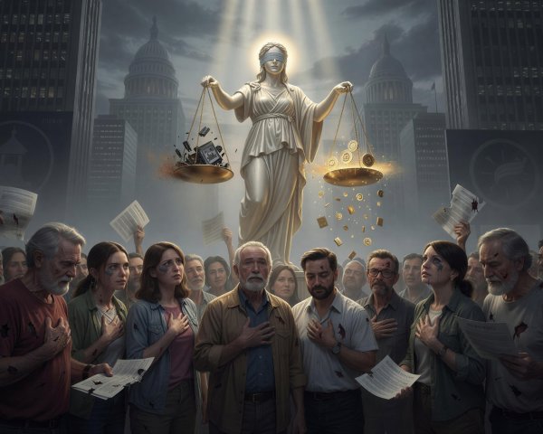 Diverse Individuals Before Lady Justice Statue with Scales