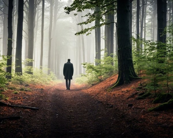 Solitary Figure on a Foggy Forest Path