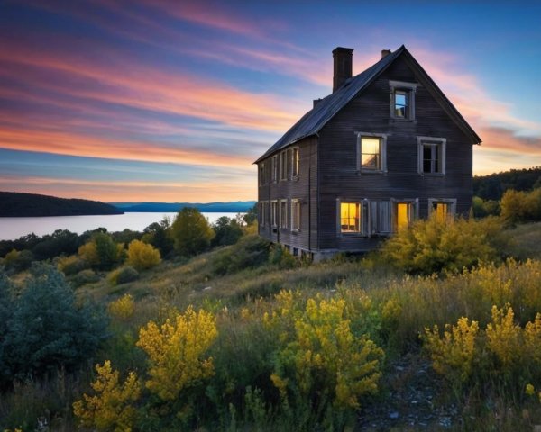 Abandoned Two-Story House at Twilight with Wildflowers