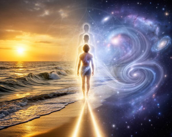 Ethereal Figure on Shoreline Transitioning to Cosmic Sky