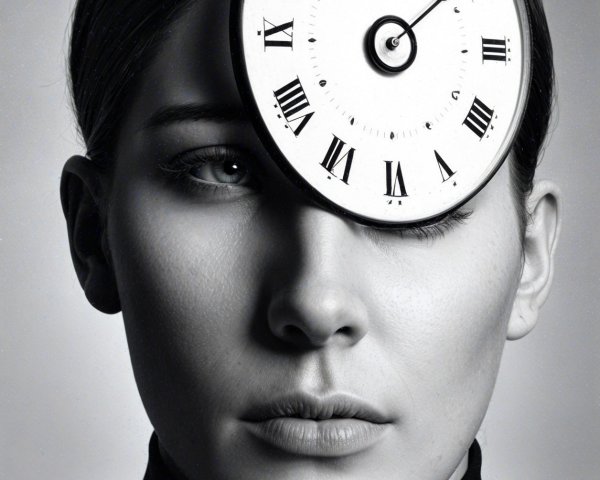 Black and White Portrait of Woman with Clock Face