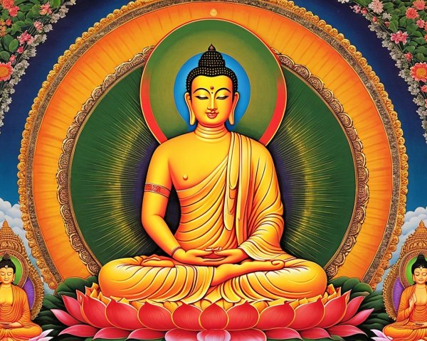 Buddha in Meditation Surrounded by Colorful Flowers