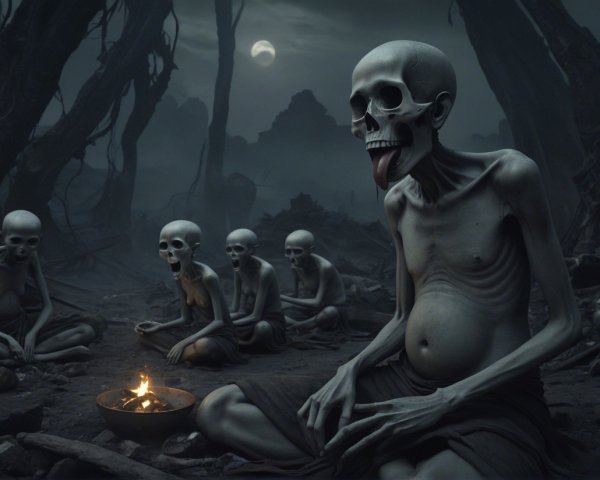 Skeletal Figures Gather Around a Flickering Fire