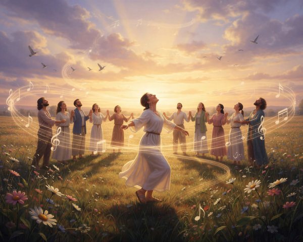 Joyful Group in Earthy Tones Dancing at Sunset