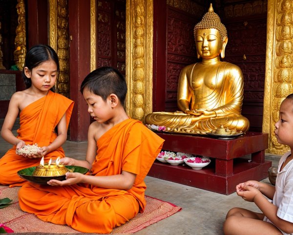 Children in Orange Robes at a Temple with Buddha Statue