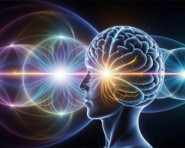 Stylized Human Head with Brain and Cosmic Background