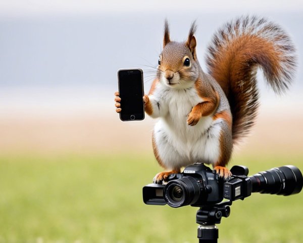 Squirrel Taking Selfie on Camera in Green Grass