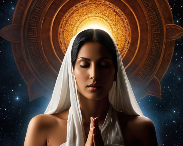 Serene woman in white veil with cosmic background