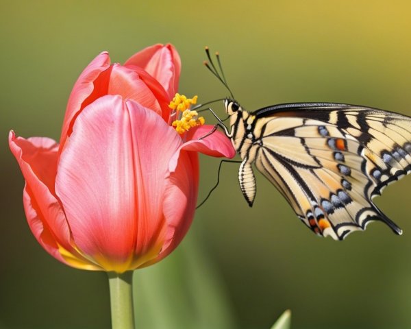 Butterfly on Pink Tulip in Serene Nature Scene