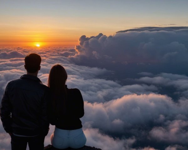 Couple at Rocky Ledge During Colorful Sunset
