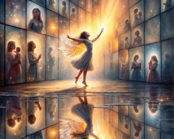 Young girl with wings dances in reflective space