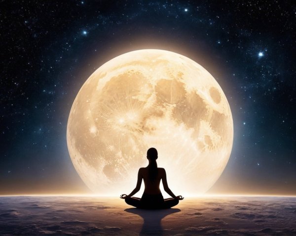 Silhouette of a Meditating Figure Against a Full Moon
