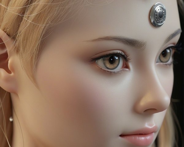 Close-up of a humanoid figure with striking features