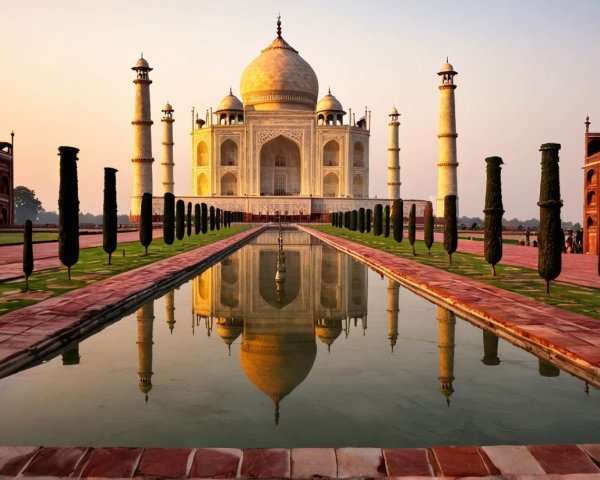 Taj Mahal at Sunrise with Reflective Pool and Gardens
