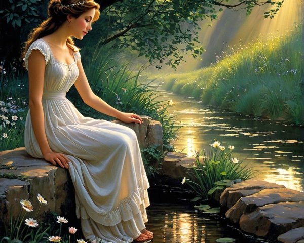 Young Woman by Tranquil Stream Surrounded by Nature