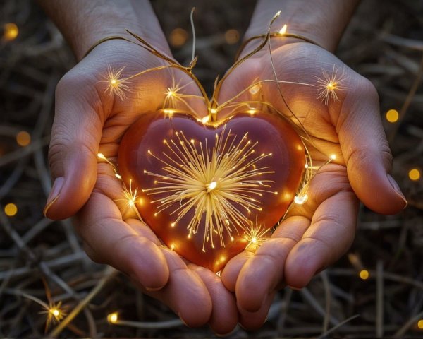 Hands Cradling a Shiny Red Heart with Fairy Lights