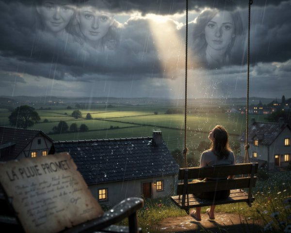 Night Landscape with Woman on Swing and Cloud Faces