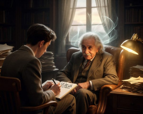 Young Man Writing in Profile Near Older Man in Suit