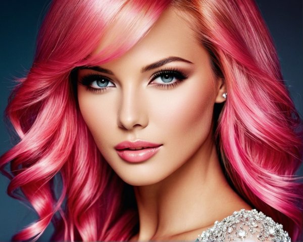 Portrait of a Woman with Pink Curly Hair and Blue Eyes