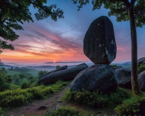 Serene landscape with balanced rock and dawn hues
