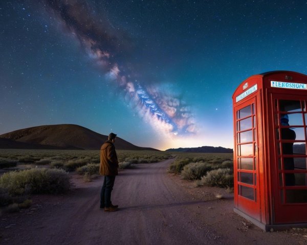 Lone Figure by Red Telephone Booth in Desert Landscape